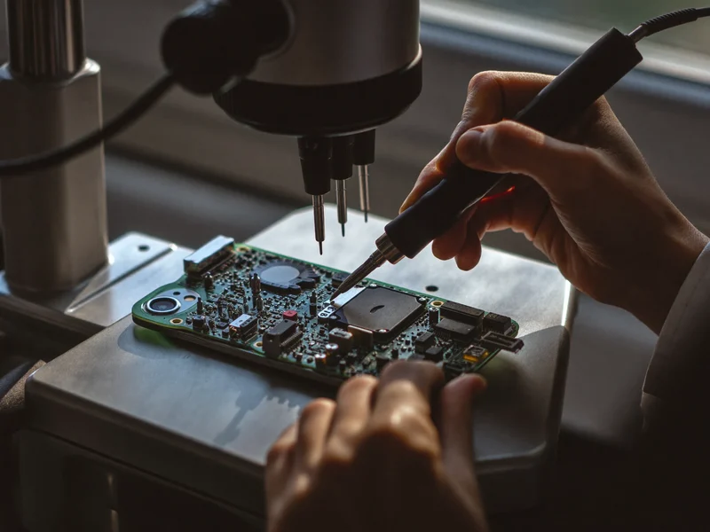 Illustration d'une microsoudure de connecteur de charge sous microscope.