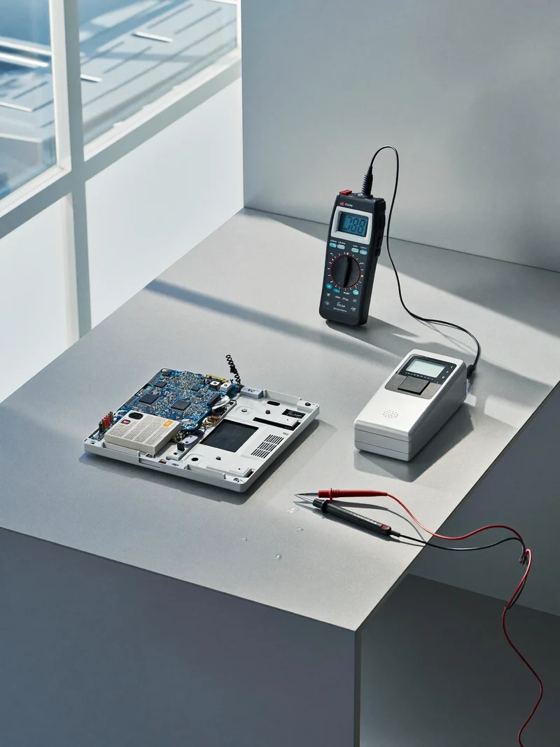 Illustration d'une carte de téléphone nettoyée et mesurée après contact avec un liquide.